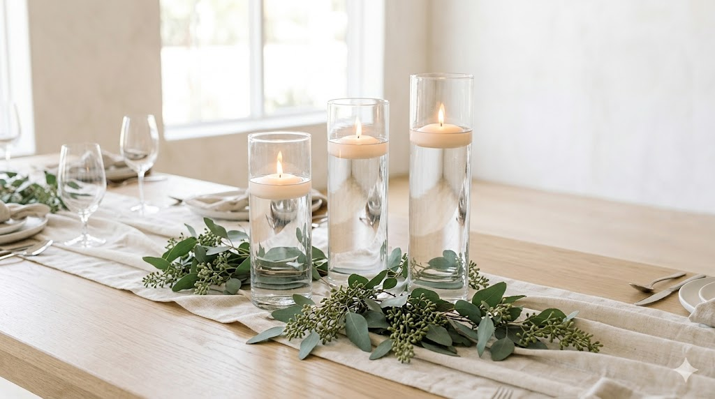 Wedding reception table centerpiece with tall glass cylinder vases, floating candles, and eucalyptus sprigs
