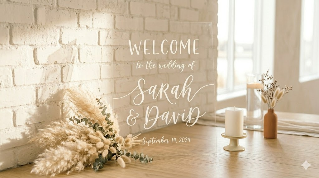 DIY acrylic wedding welcome sign with hand-lettered calligraphy leaning against a white brick wall with pampas grass