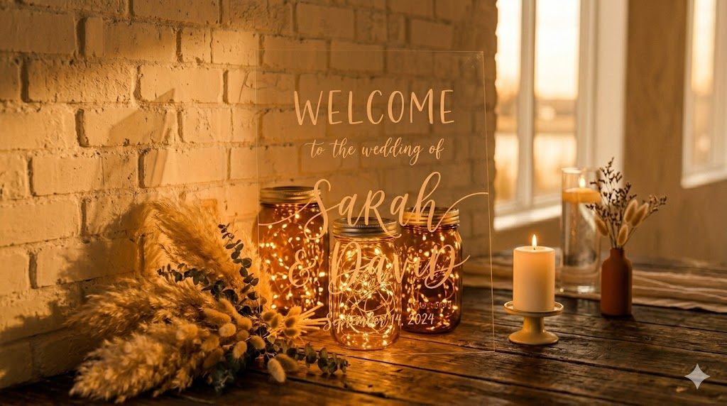 Wide-mouth mason jars with Edison string lights inside arranged on a rustic wooden wedding table runner