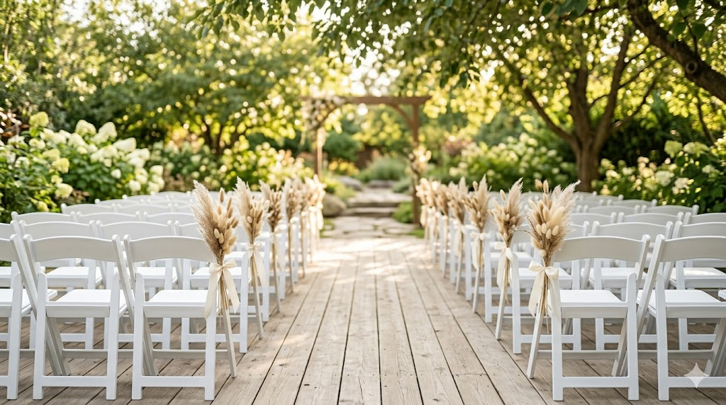 Wedding ceremony aisle decorated with small pampas grass bundles tied to wooden chairs with ivory ribbon