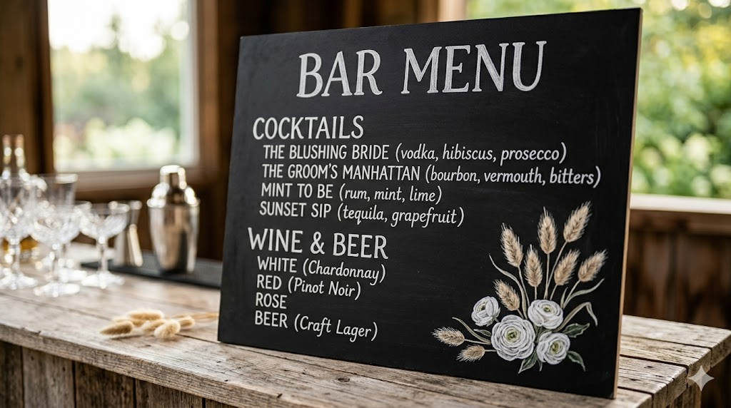 Hand-lettered chalkboard bar menu sign leaning against a wooden bar at a boho wedding reception