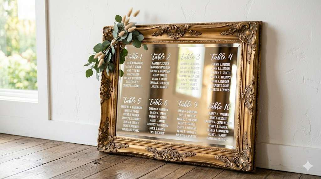 Wedding seating chart displayed on an ornate thrifted mirror with white vinyl lettering and small eucalyptus sprigs
