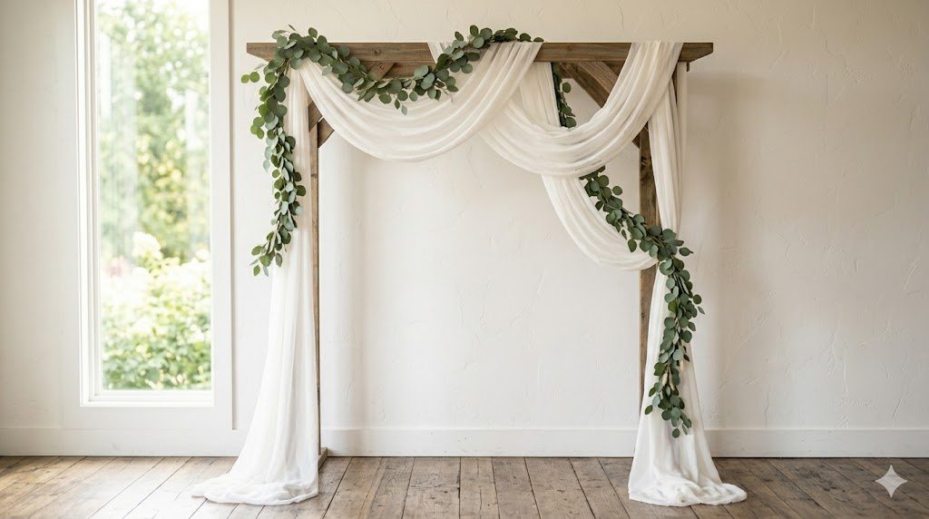 DIY wedding ceremony backdrop with white chiffon fabric swags draped over a wooden arch with cascading greenery