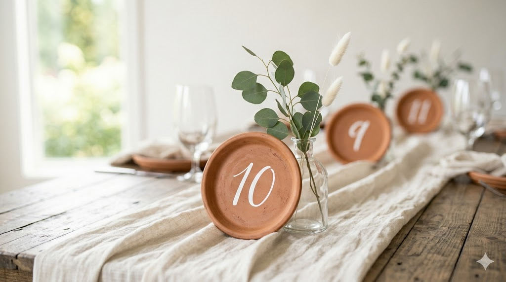 Terracotta plant saucers hand-painted as wedding table numbers arranged on a linen table runner