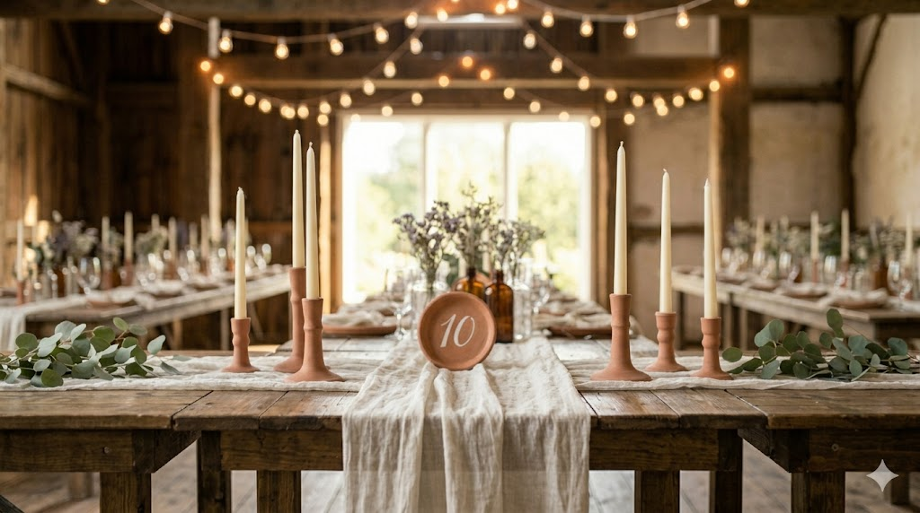 Rustic wedding reception with long wooden farm tables, ivory linen runners, and tall taper candles in terracotta candleholders
