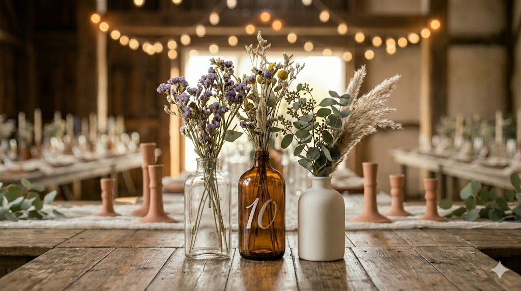 Rustic wedding table centerpiece with dried wildflowers, seeded eucalyptus, and dried grasses in mismatched vintage bottles