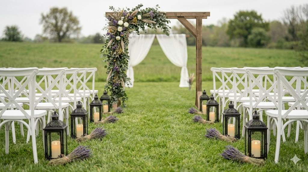 Outdoor rustic wedding ceremony aisle with vintage black iron lanterns and dried lavender bundles tied with twine on either side