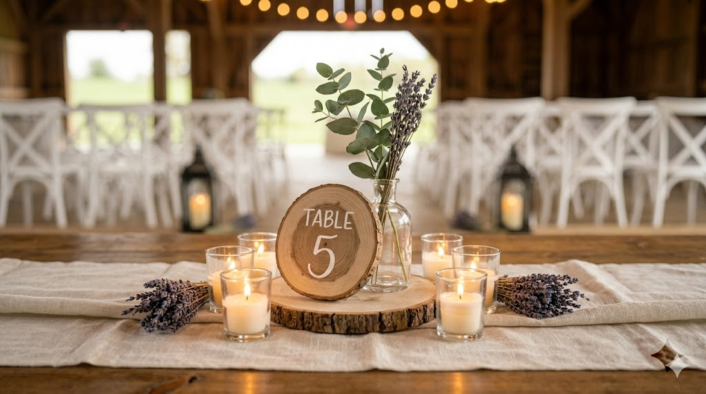 Rustic wedding table detail with a natural wood slice engraved with a table number surrounded by small eucalyptus sprigs and candles