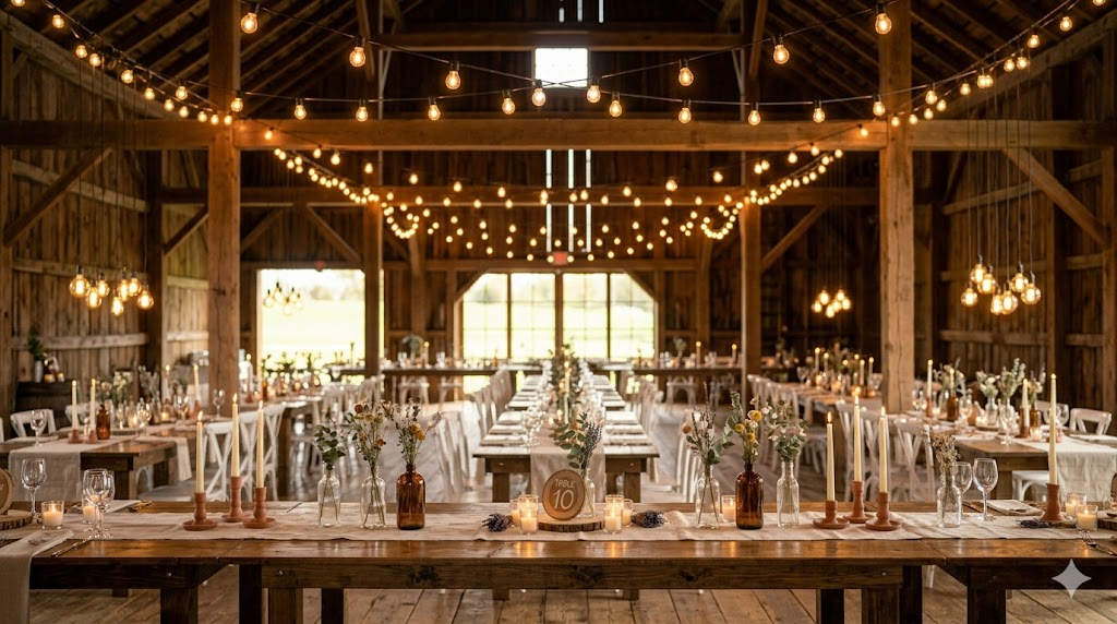Rustic barn wedding reception interior with Edison string lights draped across wooden ceiling beams above long farm tables