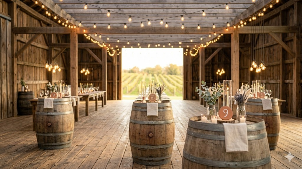 Rustic wedding cocktail hour with wine barrels as high-top tables topped with small eucalyptus arrangements and candles