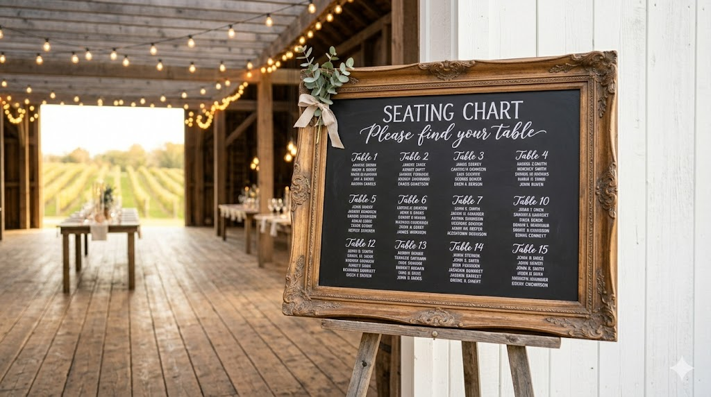 Rustic wedding seating chart hand-lettered in white chalk on a large dark chalkboard inside an ornate vintage wooden frame