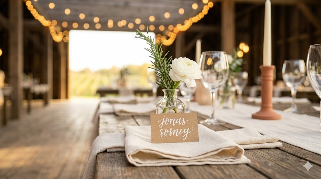 Rustic wedding place setting with a small clear bud vase holding fresh rosemary and a white wildflower on a linen napkin with a kraft paper name card