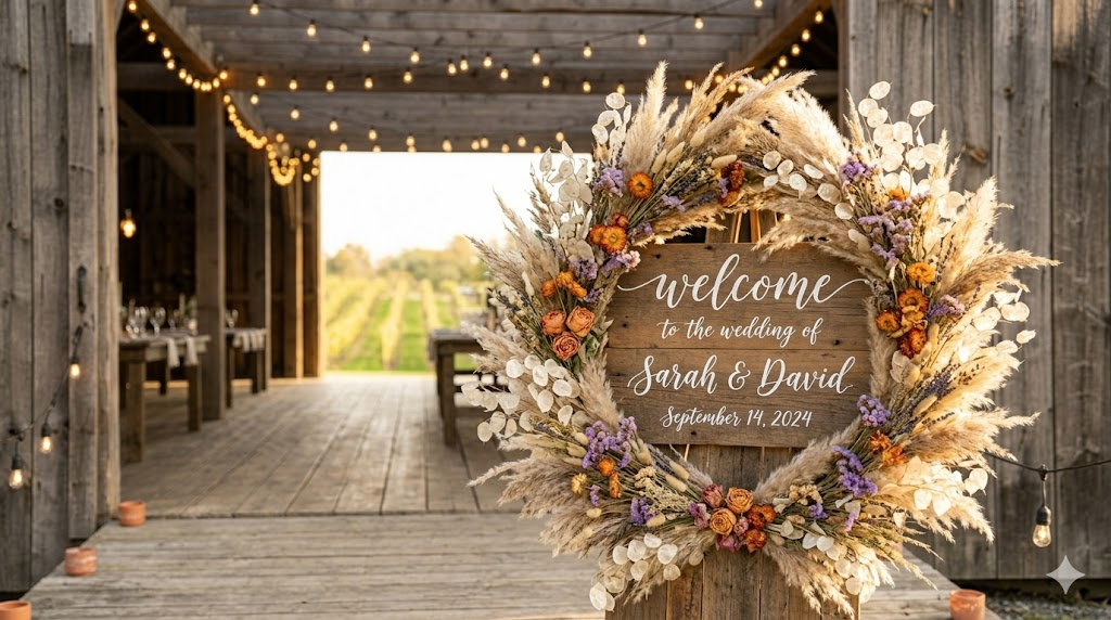 Rustic wedding wooden welcome sign with hand-lettered calligraphy leaning against a dried wildflower wreath at venue entrance