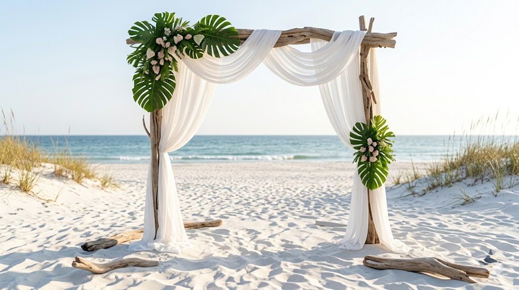 Beach wedding ceremony driftwood arch draped with white chiffon fabric and tropical monstera leaf greenery at ocean's edge