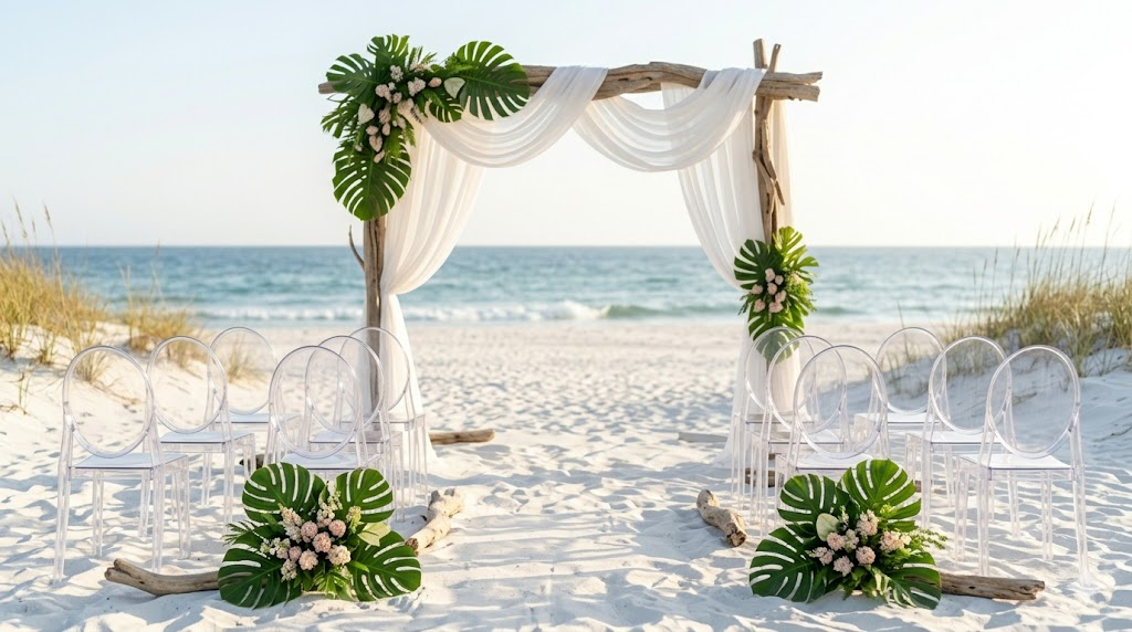 Outdoor beach wedding ceremony with clear acrylic ghost chairs lined on white sand facing the ocean