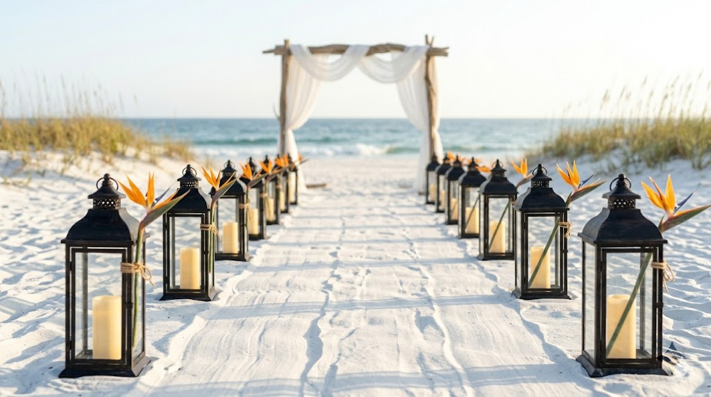 Beach wedding ceremony aisle lined with heavy iron lanterns containing candles and fresh bird of paradise stems in white sand