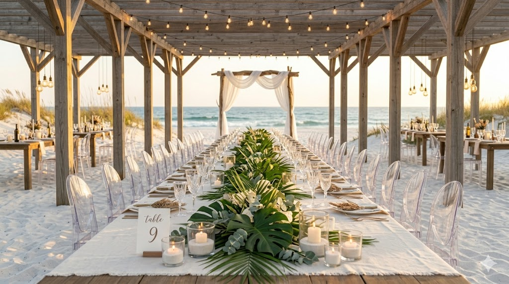 each wedding reception table with soft ivory linen tablecloth, monstera leaf and palm frond greenery runner, and low candlelight centerpieces