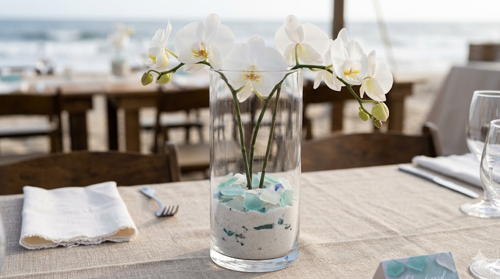Beach wedding table centerpiece with tall clear glass cylinder vases filled with white sand, sea glass, and single white orchid stems