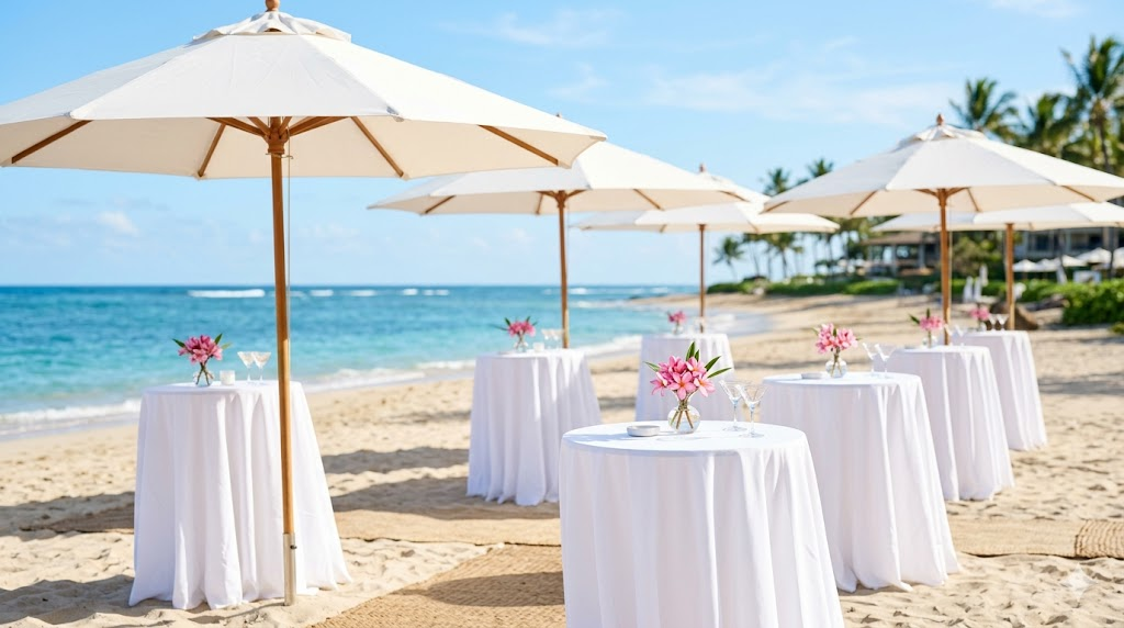 Beach wedding cocktail hour with large white market umbrellas over standing cocktail tables draped in white linen with tropical floral arrangements