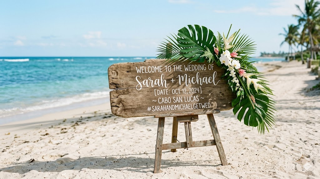 Beach wedding driftwood welcome sign with hand-lettered white calligraphy and trailing tropical greenery on a wooden easel at venue entrance