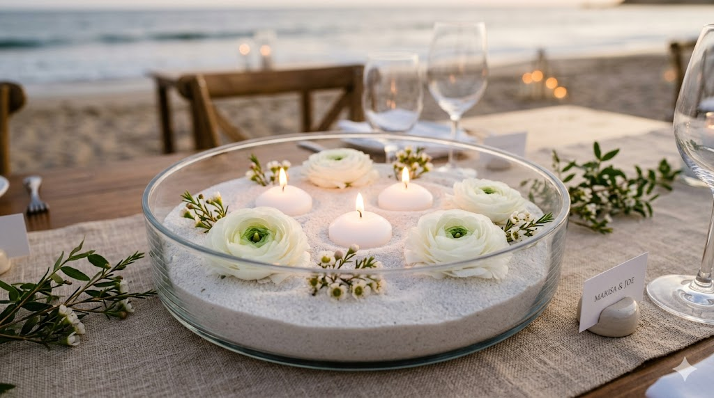 Beach wedding reception table centerpiece with wide glass bowl filled with white sand, floating candles, and small white ranunculus blooms