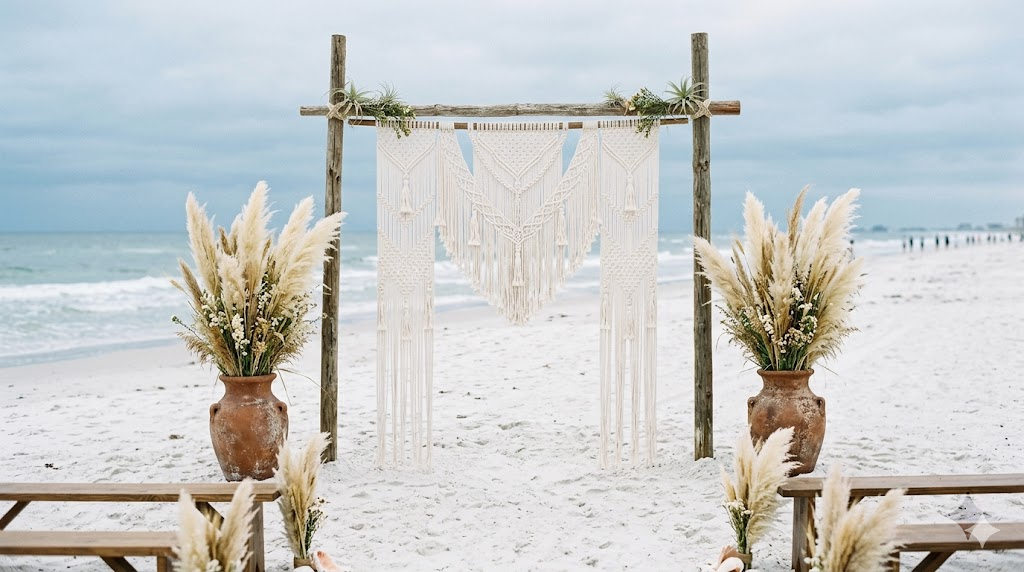 Beach wedding ceremony backdrop with large white macramé wall hanging framing the altar area with pampas grass plumes and ocean in the background