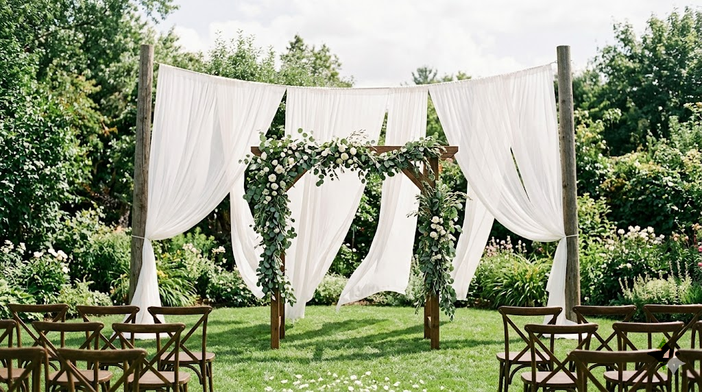 Backyard wedding ceremony space with flowing white chiffon fabric panels hung between wooden posts concealing the house exterior behind the altar area