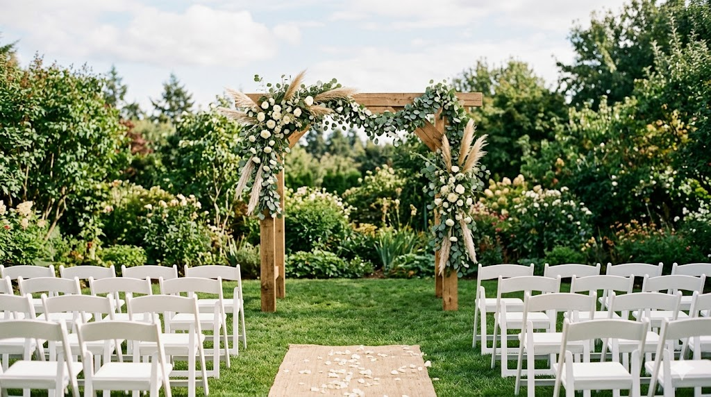 Backyard wedding ceremony wooden arch covered in pampas grass, white ranunculus, and eucalyptus garland on a green lawn with white wooden chairs