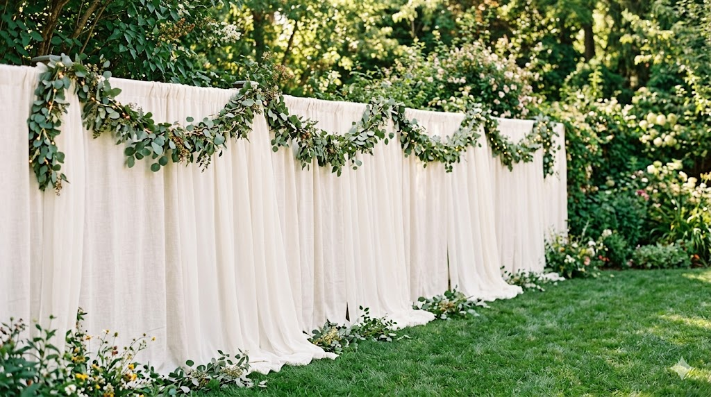 Backyard wedding with a chain-link fence fully concealed by hanging white fabric panels and eucalyptus garland creating a green and white garden wall