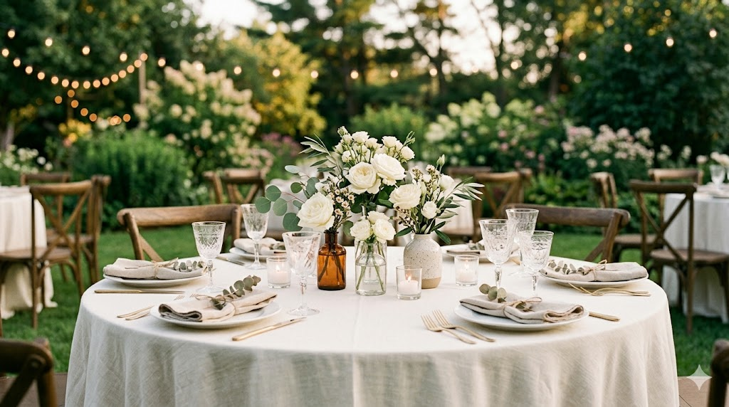 Backyard wedding reception with round tables covered in ivory linen tablecloths, low floral centerpieces of white garden roses and eucalyptus, and votive candles