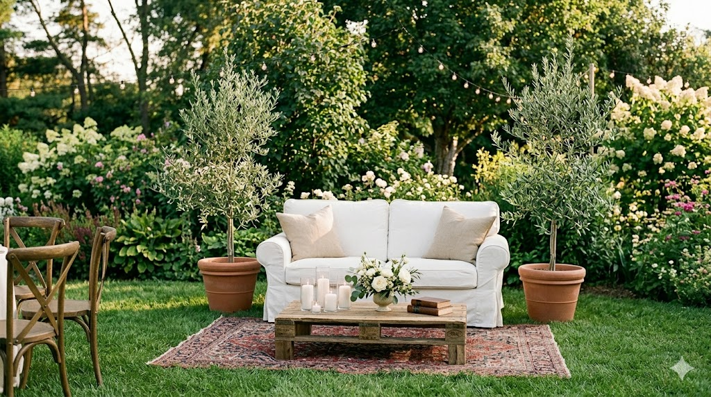 Backyard wedding outdoor lounge area with a white linen loveseat, vintage rug, lanterns, and potted greenery creating an intimate seating vignette on the lawn