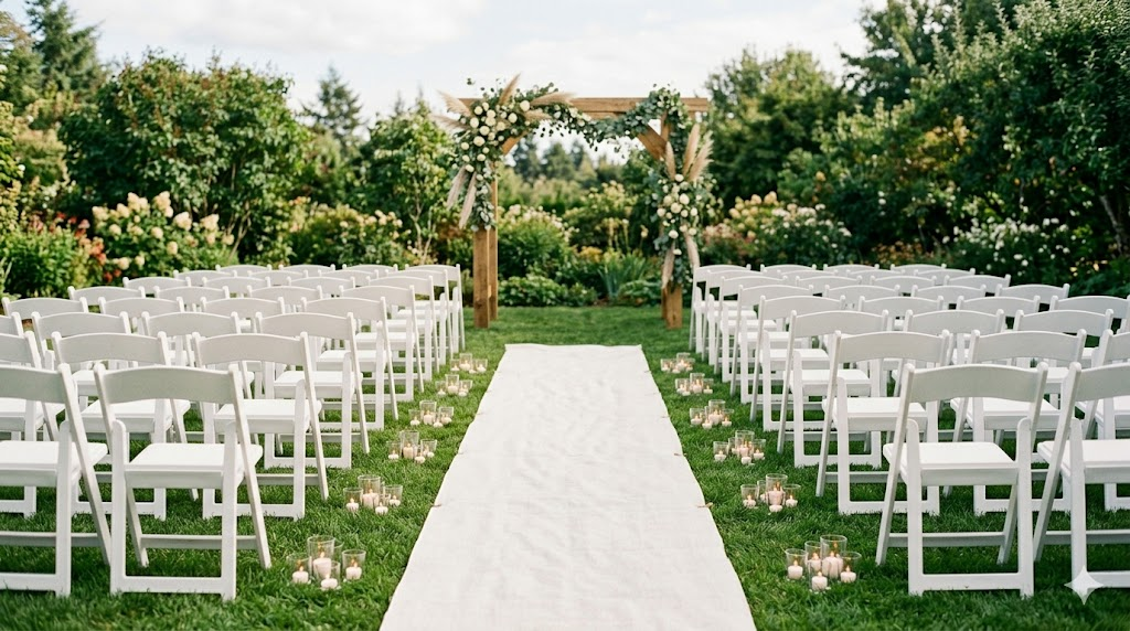 Backyard wedding ceremony aisle with a white linen runner on green grass, small glass votive candles on either side, and white wooden folding chairs