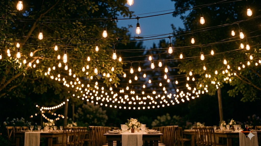 Backyard wedding dinner reception under an open-air canopy of warm Edison string lights crisscrossed overhead between wooden poles above round tables with linen and candles