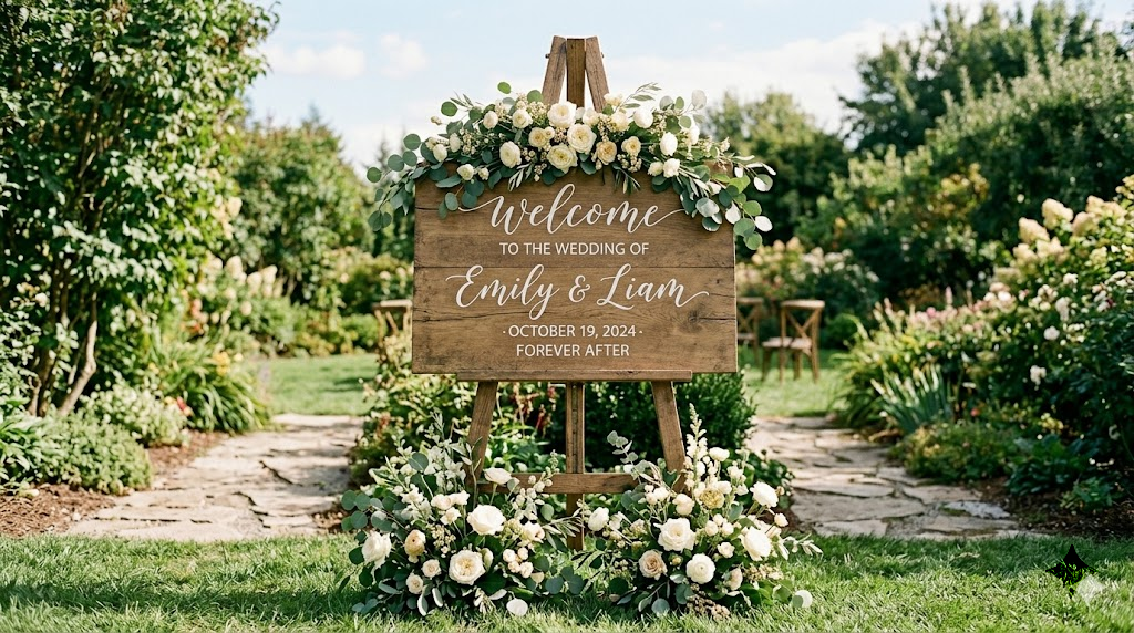 Backyard wedding entrance with a large wooden welcome sign on an easel decorated with fresh garden flowers and greenery on a garden pathway