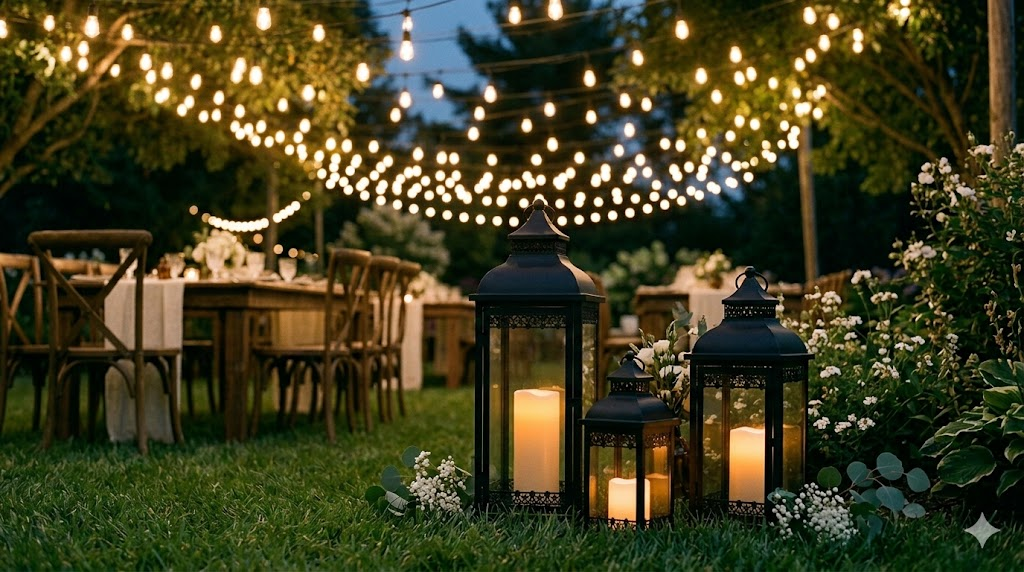 Backyard wedding garden with clusters of varying height iron lanterns containing candles marking the transition between ceremony and reception areas on a green lawn
