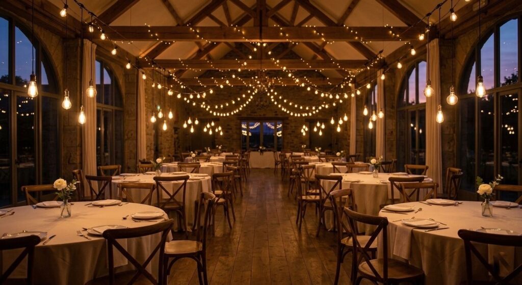 indoor wedding reception with cascading ivory fabric ceiling draping creating a dramatic tent-like canopy effect over dining tables
