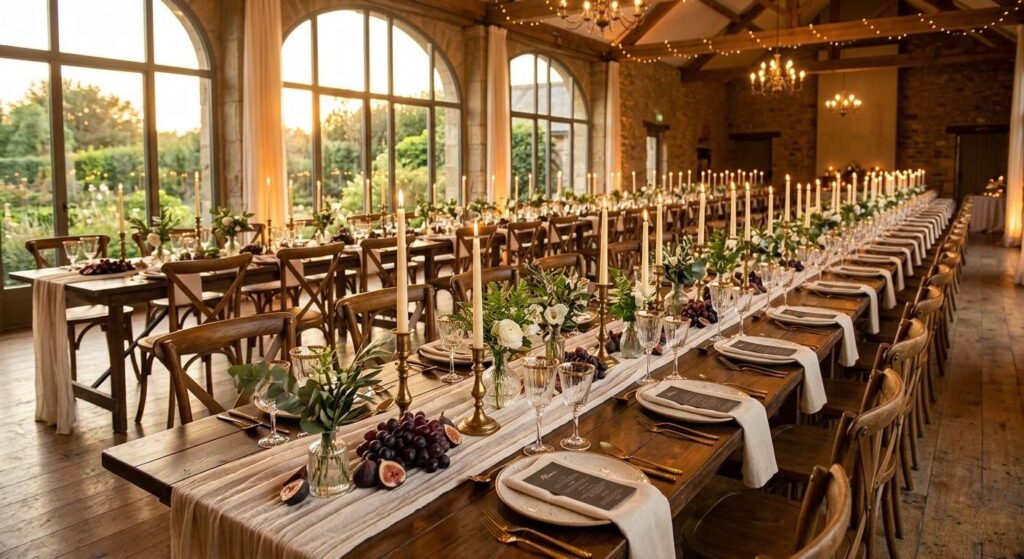 Elegant indoor wedding reception with dramatic ceiling draping, warm candlelight, and lush floral installations creating a luxurious atmosphere