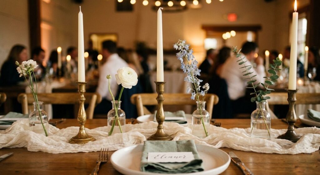 Elegant wedding table centerpiece featuring a cluster of mismatched taper candles in varying heights with dried botanicals and brass candlestick holders