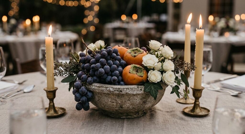 ndoor wedding reception with clusters of fresh eucalyptus and white roses on tables, creating both visual decor and natural fragrance