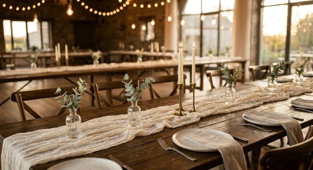 Indoor wedding venue transformed by warm amber LED uplighting along the walls, casting a romantic glow behind floral arrangements and drapery