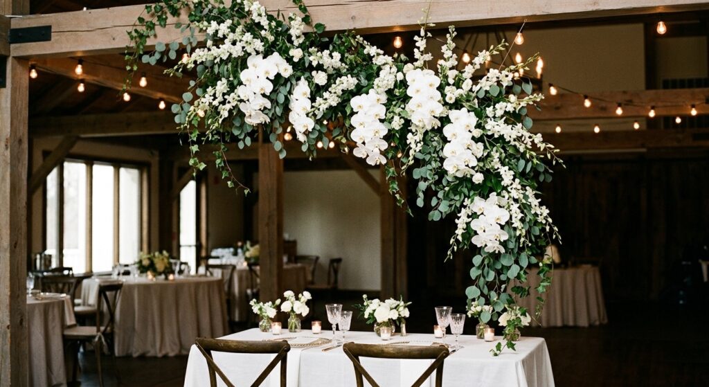 Indoor wedding reception with an asymmetric ceiling-hung floral installation of cascading white orchids and greenery over the sweetheart table