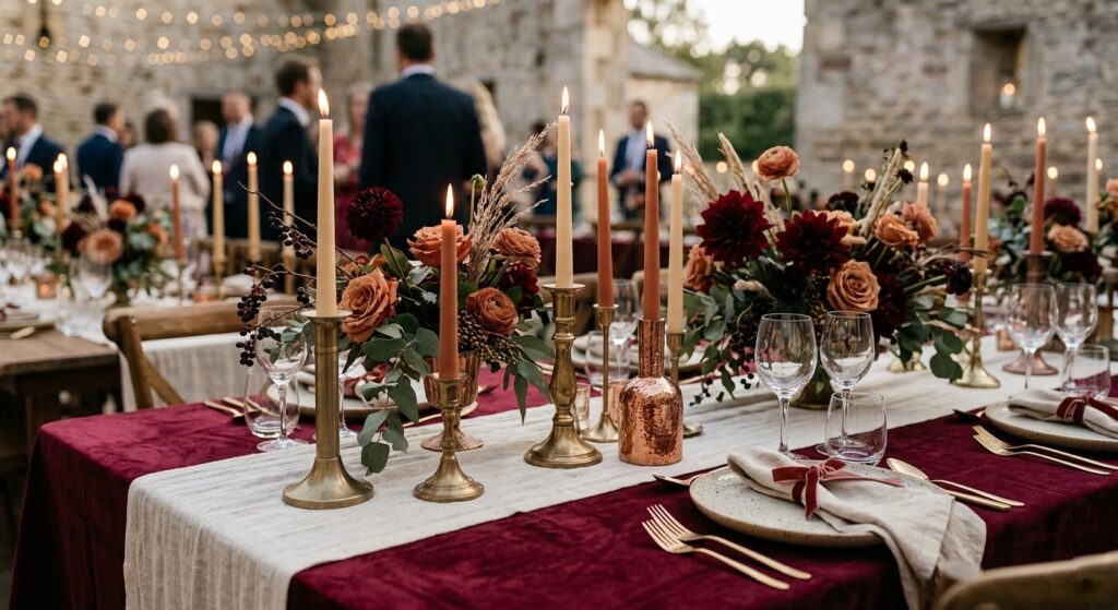  Wedding reception table with deep velvet burgundy tablecloth, layered with a textured ivory linen runner and mixed metallic candlestick holders