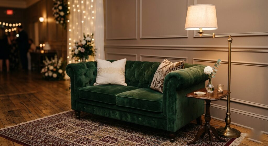 Styled indoor wedding lounge area with velvet sofa, vintage rug, brass floor lamp, and coffee table with florals creating an intimate seating vignette