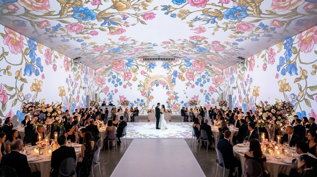 Indoor wedding venue with custom projection mapping displaying a romantic floral pattern on white walls, transforming a plain space into a visually immersive environment