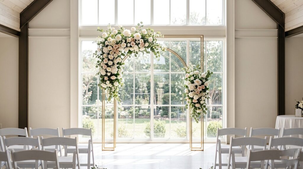 Minimalist geometric brass arch decorated with cascading white and blush florals as a wedding ceremony backdrop in a light-filled indoor venue