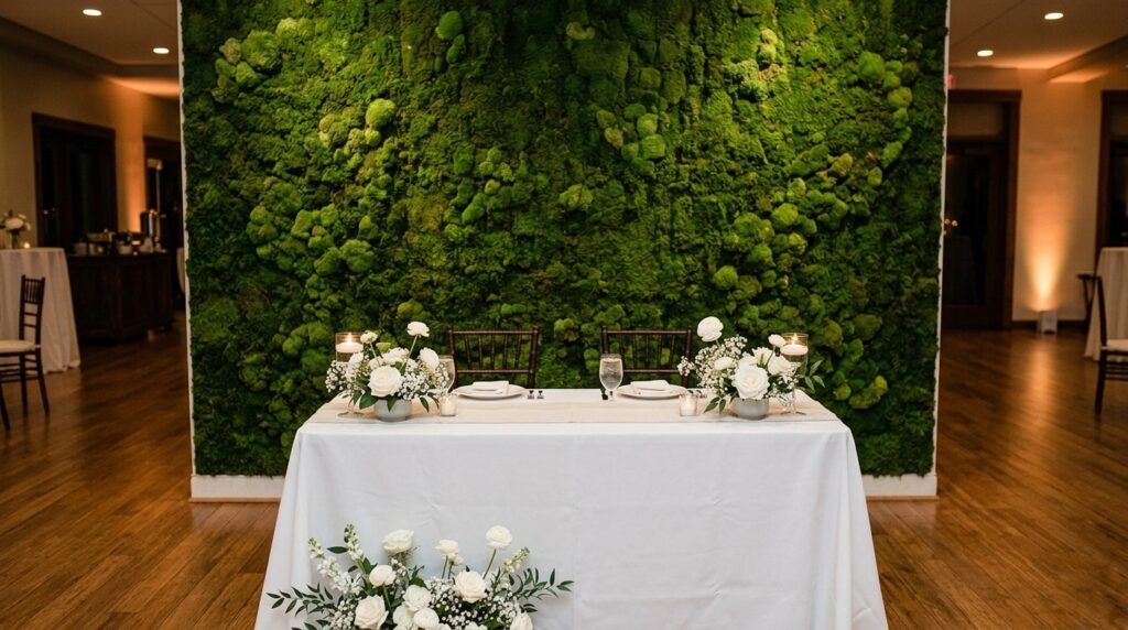 Indoor wedding backdrop featuring a lush green preserved moss wall panel behind a sweetheart table with minimal white florals