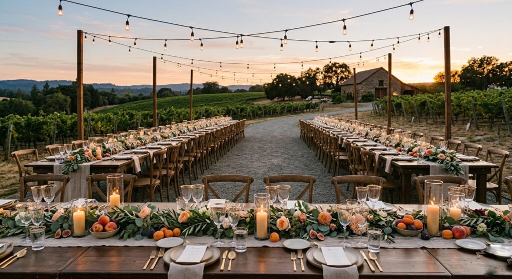 Golden hour outdoor wedding reception with long wooden farm tables, taper candles in hurricane glass, lush low meadow-style florals, and Edison string lights overhead in a garden setting