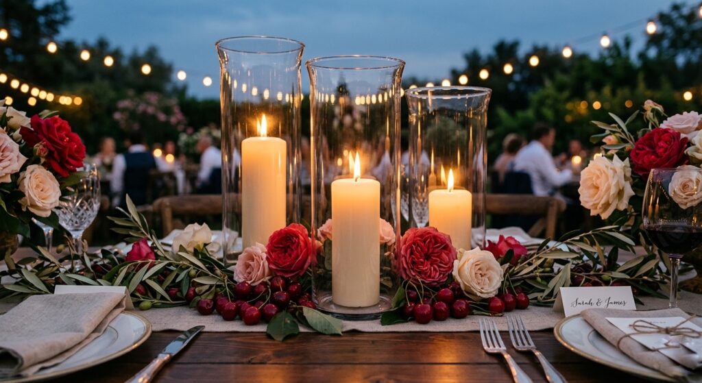 Outdoor wedding reception table with clusters of pillar candles inside hurricane glass cylinders surrounded by stone fruit, dried botanicals, and linen runners at dusk