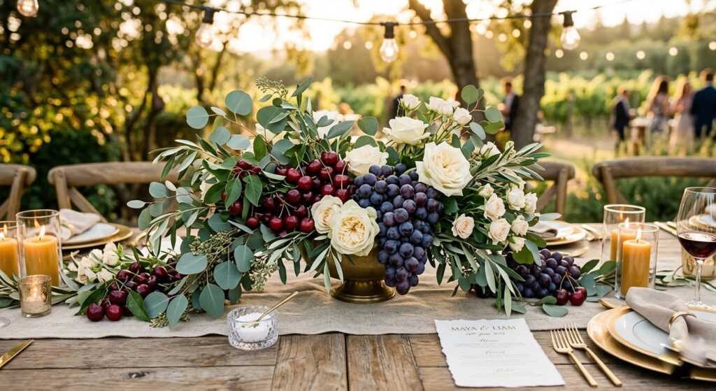 Stone fruits — cherries, peaches, grapes, persimmons, pomegranates — have surged as a wedding centerpiece element, blending into floral arrangements for an editorial, fine-art aesthetic that feels simultaneously unexpected and completely natural.