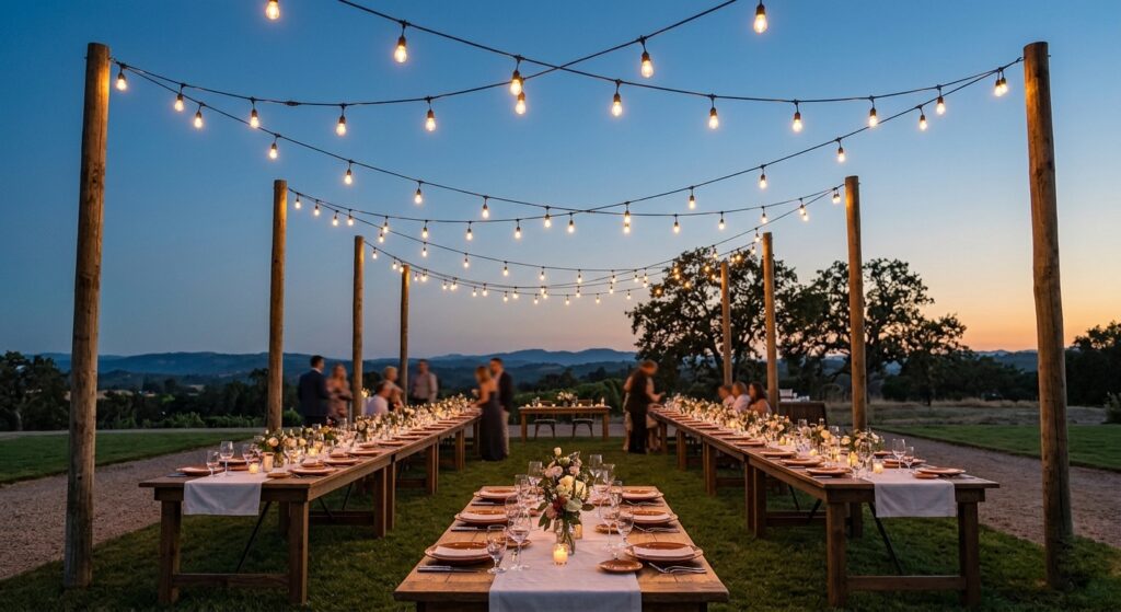 Outdoor wedding reception under a canopy of Edison bulb string lights strung between wooden poles, warm golden glow over long farm tables at twilight